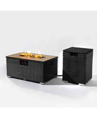32 Inch Rectangular Wicker Fire Pit Table with 50000 BTU Burner and Ceramic Top