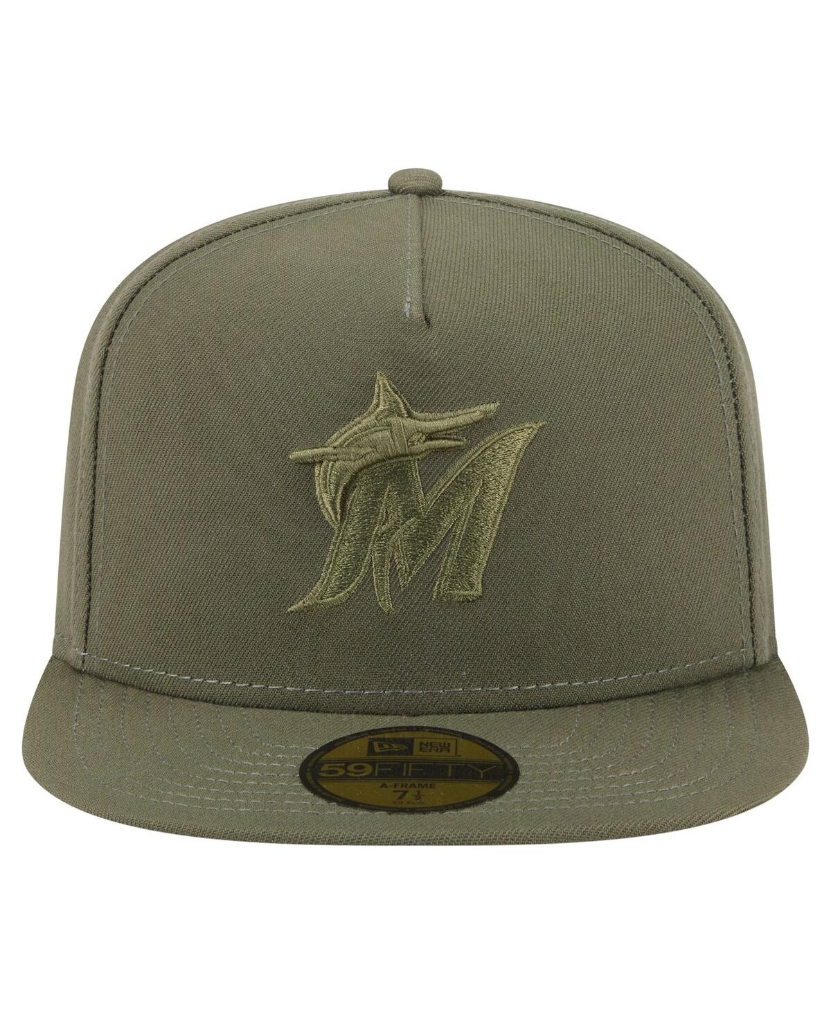 New Era Men's Olive Miami Marlins Color Pack A-frame 59fifty Fitted Hat In Green