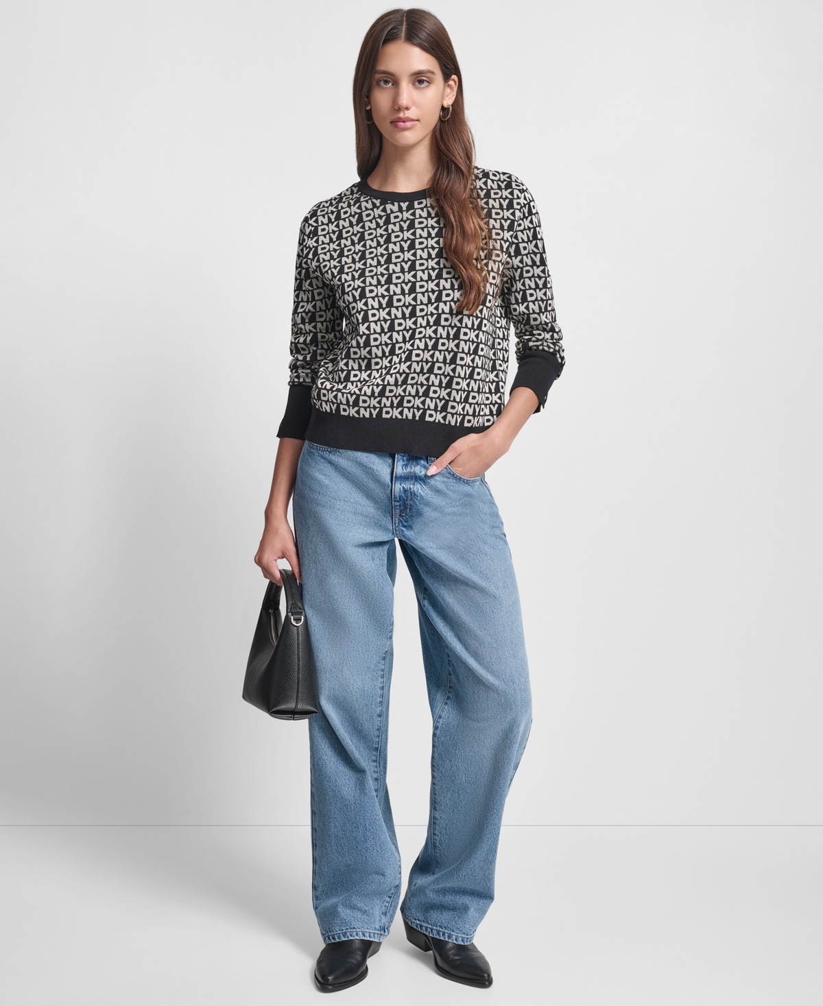 Dkny Jeans Petite Geometric Print Crewneck Sweater In Gray