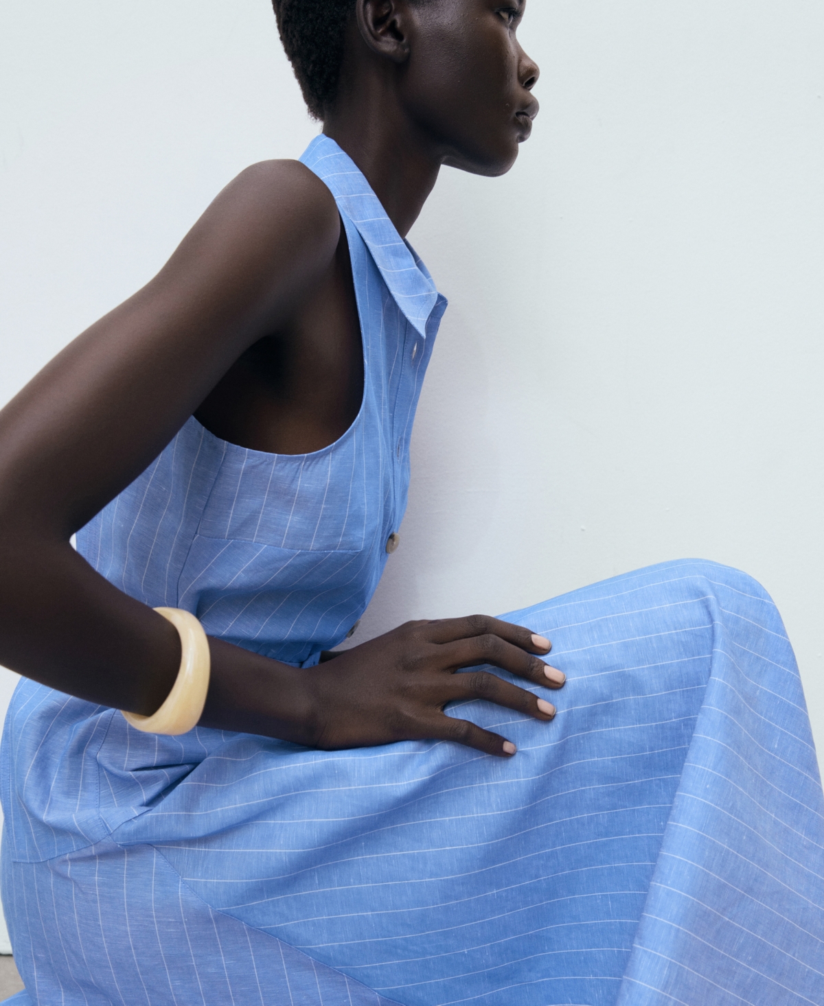 Mango Pinstripe Sleeveless Cotton & Linen Blend Shirtdress In Blue
