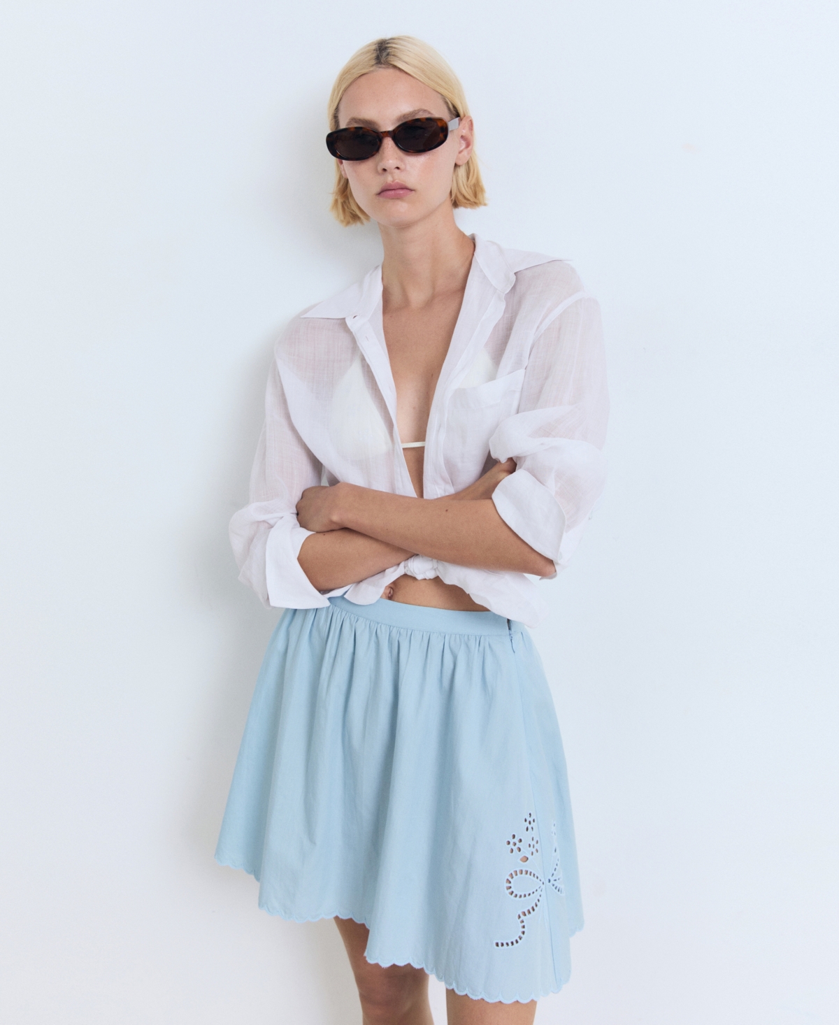 Mango Embroidered Scallop Skirt In Blue