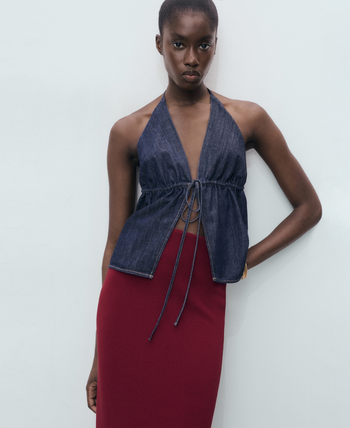 Mango Fine Knit Midi Skirt In Burgundy
