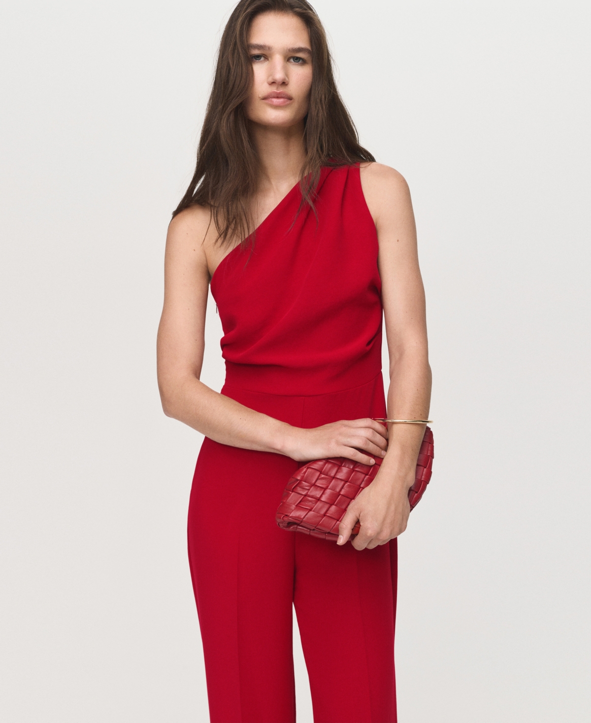 Mango Long Jumpsuit With Asymmetrical Neck In Red