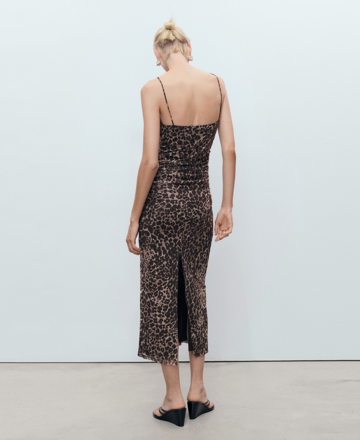 Mango Ruched Detail Fitted Leopard Print Midi Dress In Brown