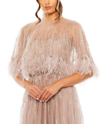 Women's Embellished A Line Dress with Feather Detail Cape