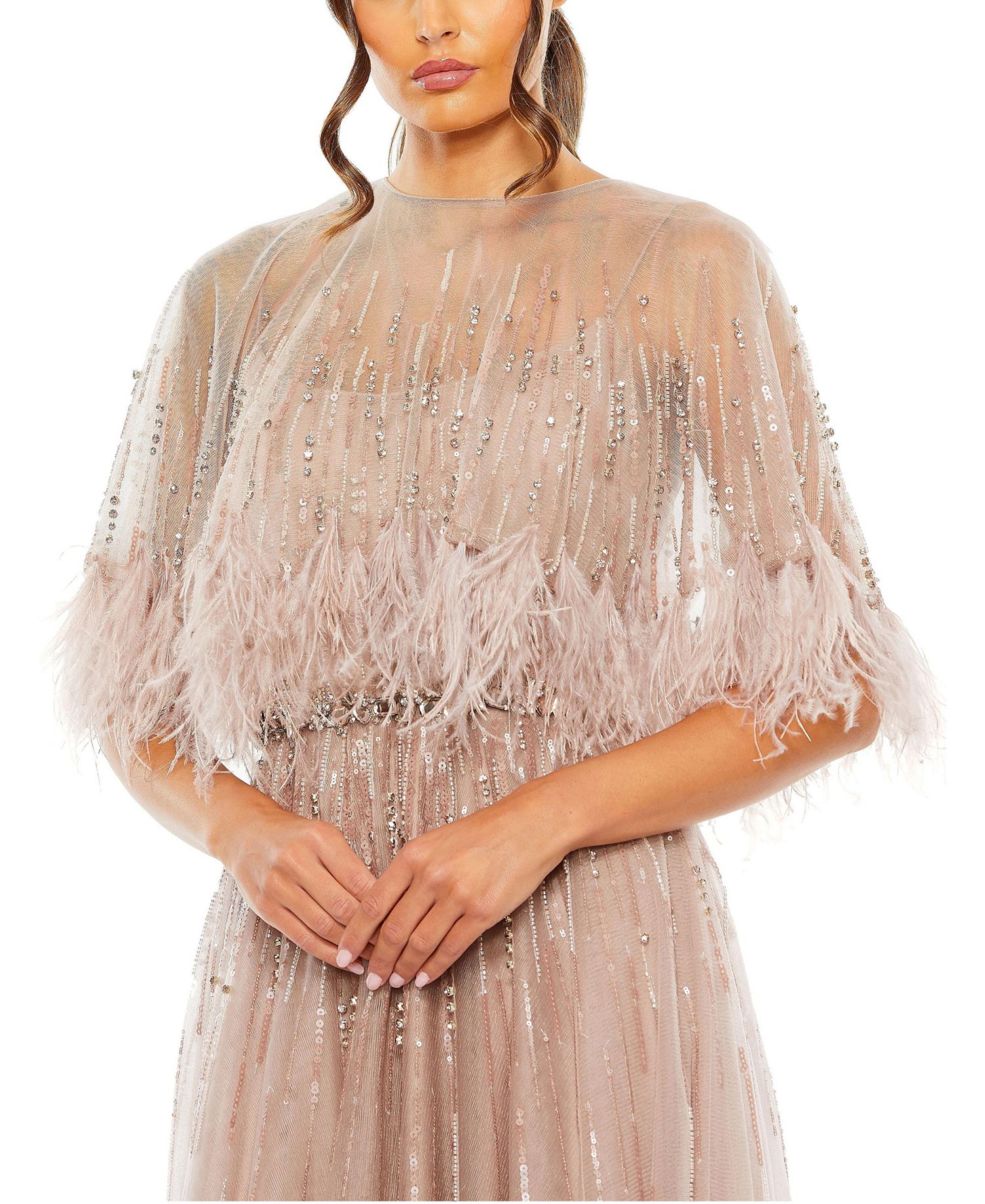 Women's Embellished A Line Dress with Feather Detail Cape