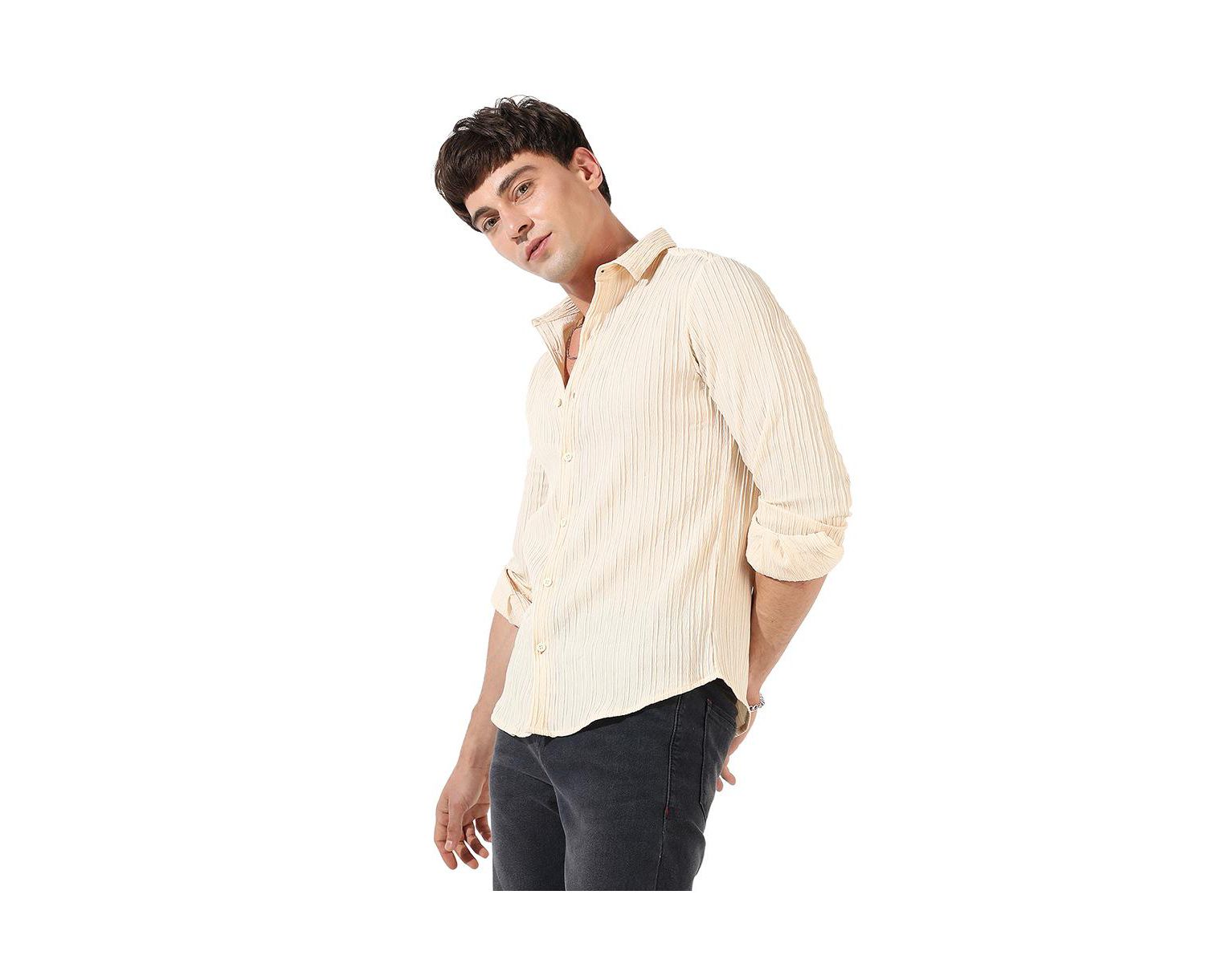 Men's Light Yellow Textured Regular Fit Casual Shirt
