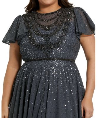 Women's Sheer Flutter Sleeve Beaded Fluffy Net Gown