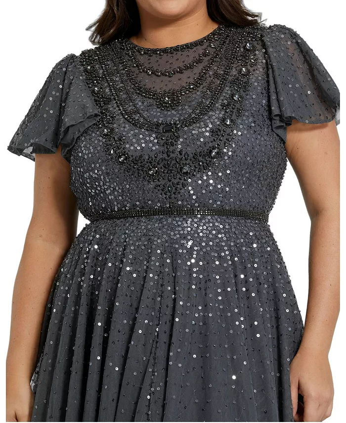 Women's Sheer Flutter Sleeve Beaded Fluffy Net Gown - thumbnail 3