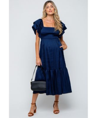 Maternity Forest Green Satin Flutter Sleeve Midi Dress