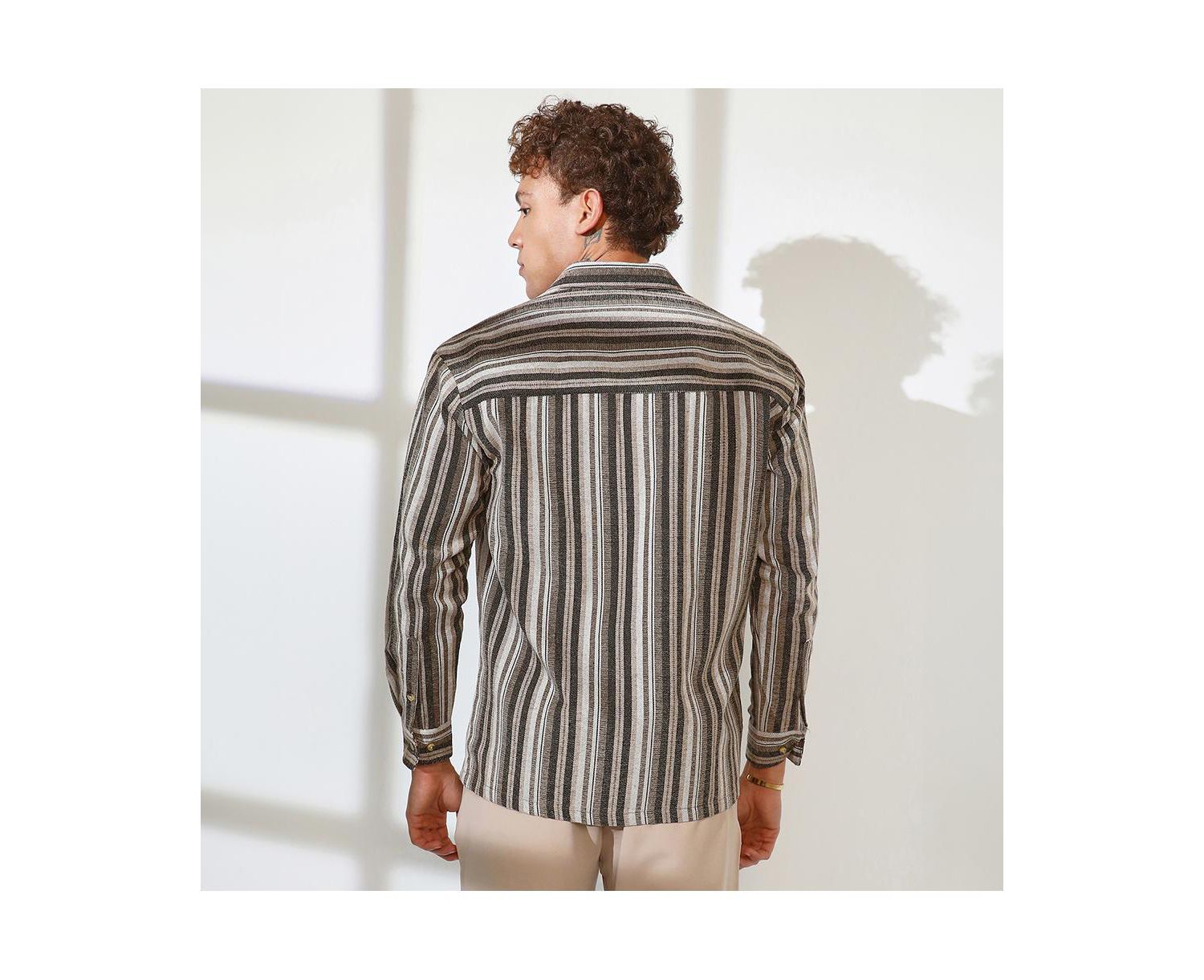 Men's Taupe Brown & Sepia Brown Multitrack Striped Oversized Shirt