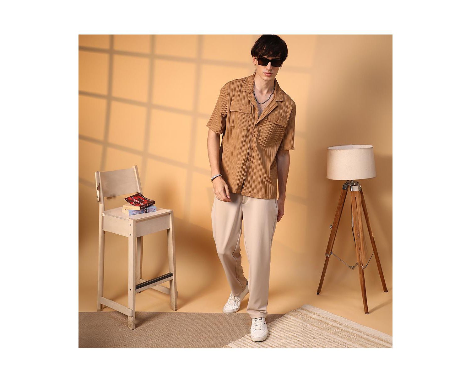 Men's Camel Brown Tactile-Lined Oversized Shirt