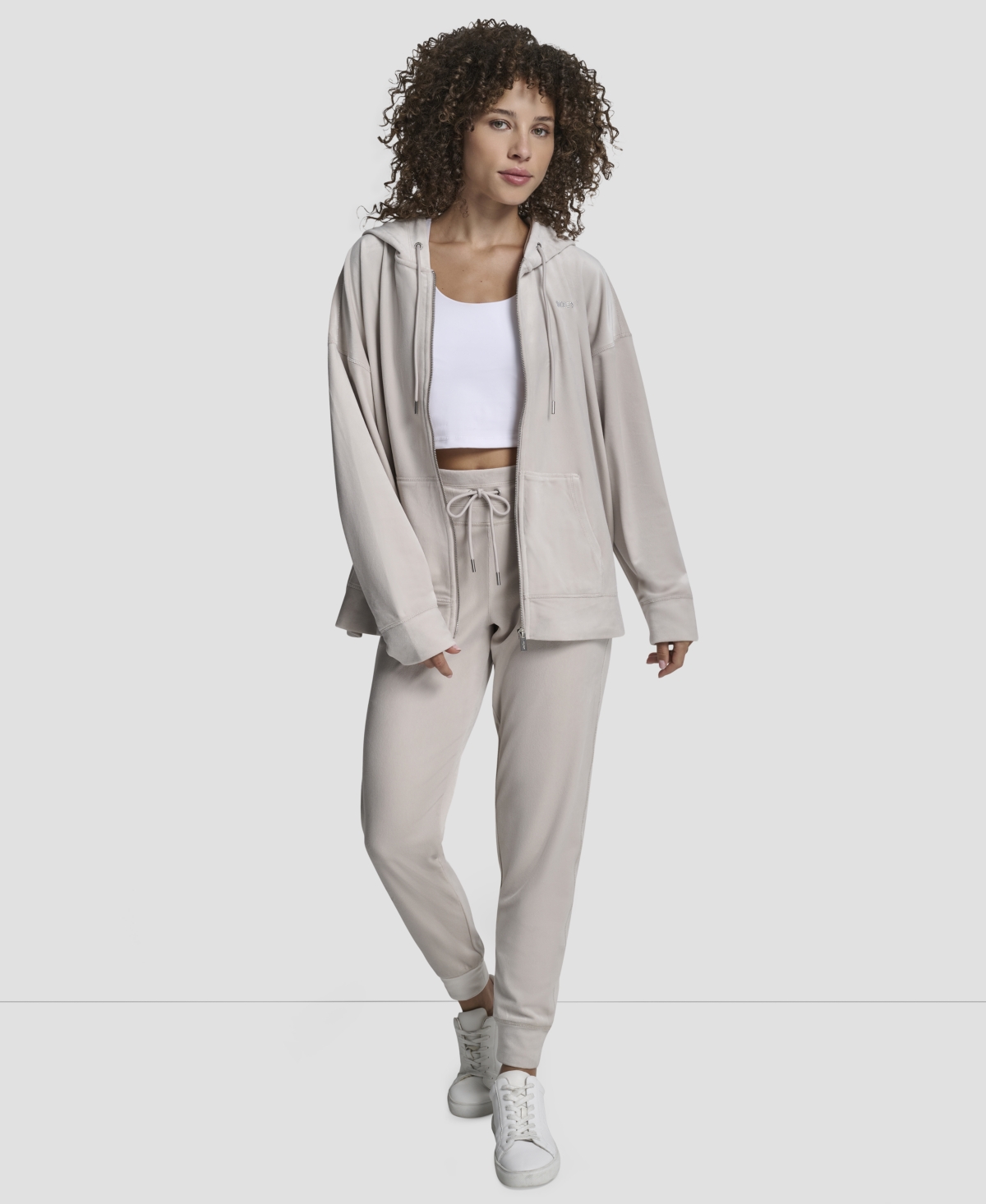 Dkny Women's Platinum Velour Rhinestone Logo Full-zip Hoodie In Gray