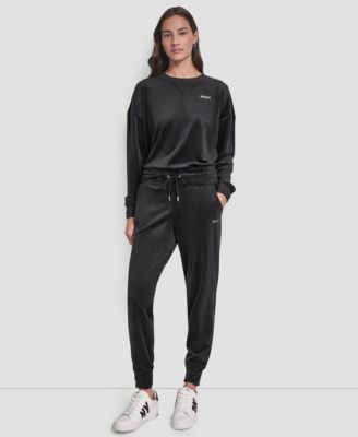 Women's Platinum Velour Rhinestone Logo Slim Fit Joggers