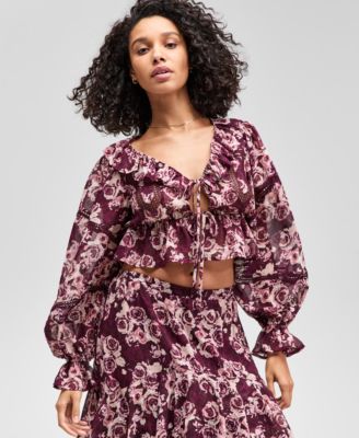 Women's Ruffled-Cuff Balloon-Sleeve Top