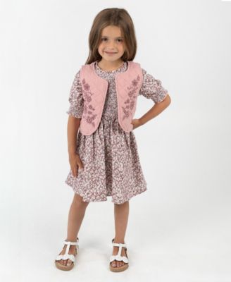 Rare Editions - Little Girls Floral Corduroy Dress with Quilted Vest, 2 pc