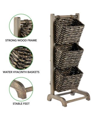 Water Hyacinth 3-Tiered Storage Baskets Floor Stand - Black/Black Wash