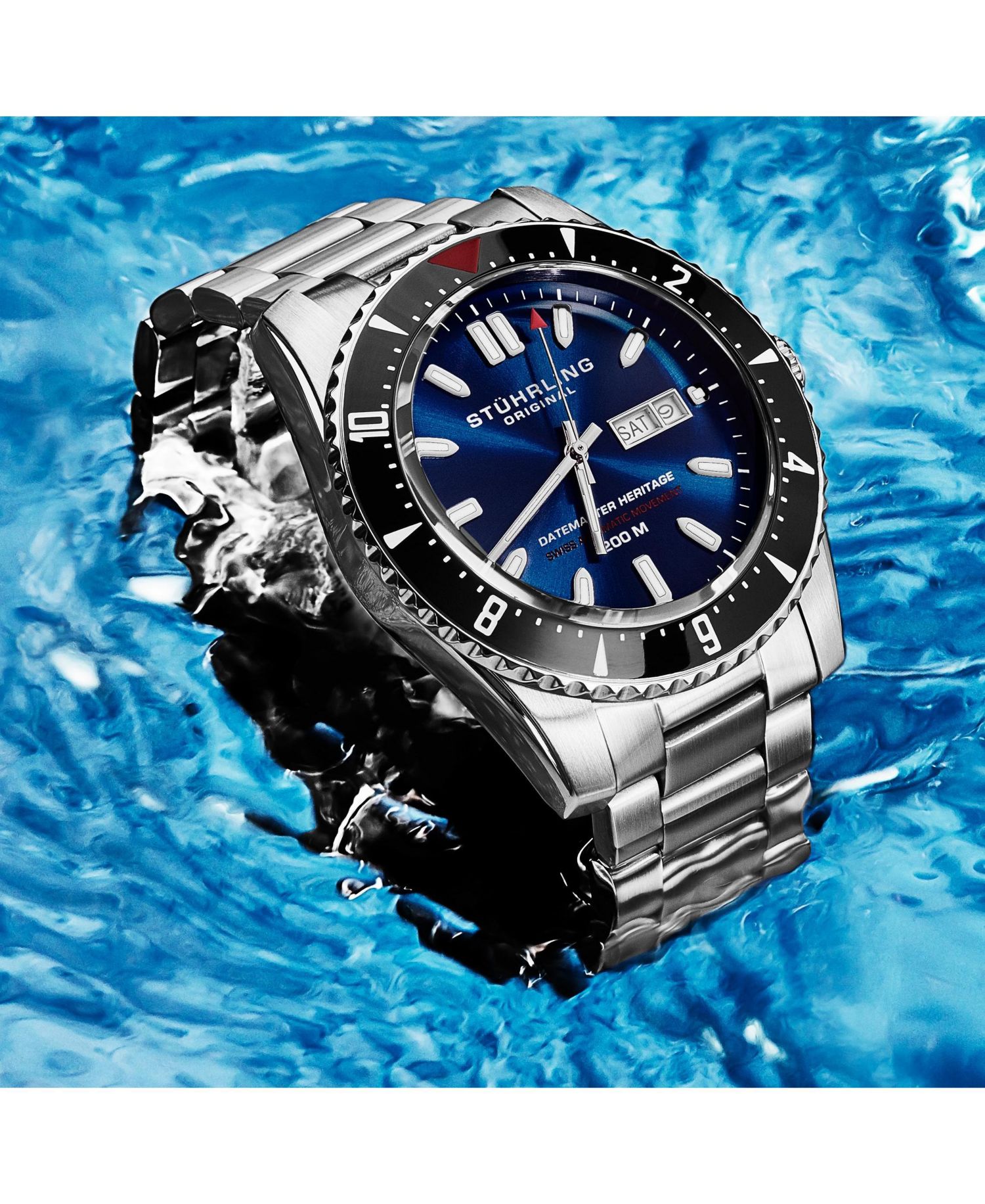 Men s Aquadiver 44mm Swiss Automatic Diver Watch, Blue Dial, Stainless Steel Bracelet, Day-Date, 200M Water Resistant