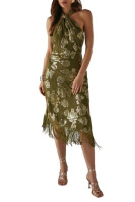 Women's Metallic Chiffon Wrap Front Midi Dress