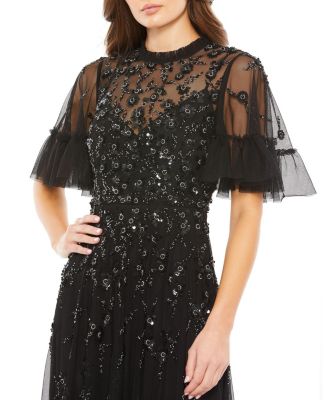 Women's Ruffled Floral Embellished Flutter Sleeve A-Line Gown