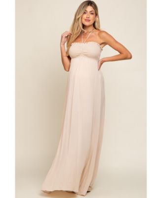 Maternity Beige Smocked Halter Maxi Dress