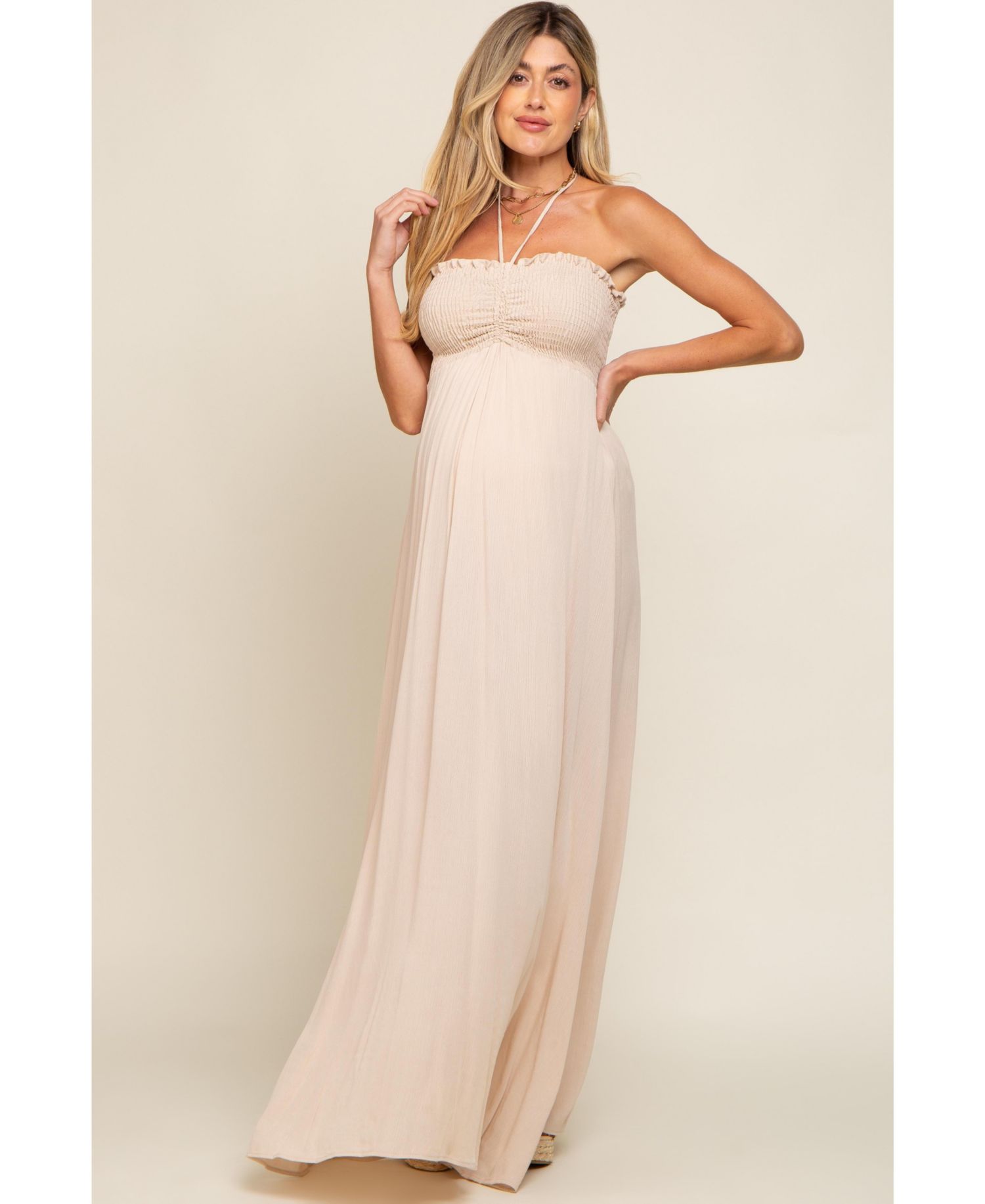Women's Beige Smocked Halter Maxi Dress
