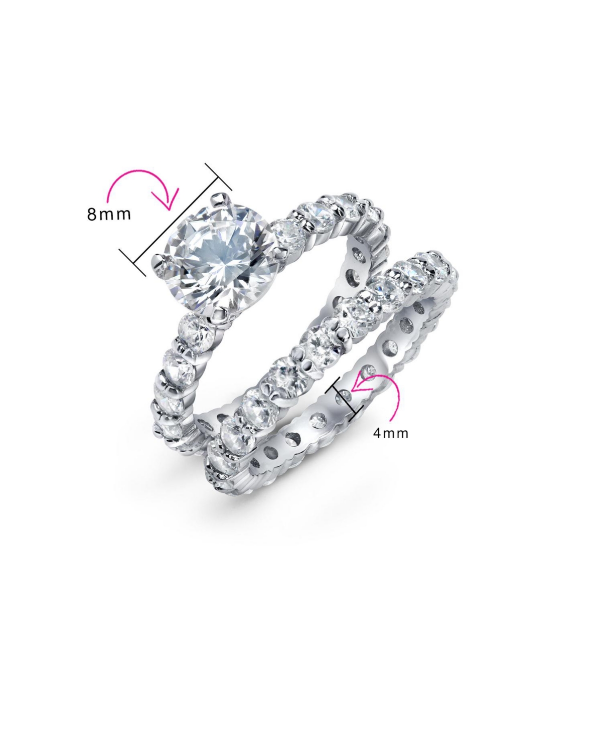 Bling Jewelry Sterling Silver 3CT Round Cz Solitaire & Cubic Zirconia Pave Eternity Band Ring Set – 6-Prong Design