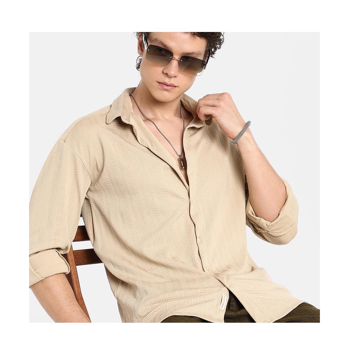 Campus Sutra Men's Light Beige Spear-Textured Shirt