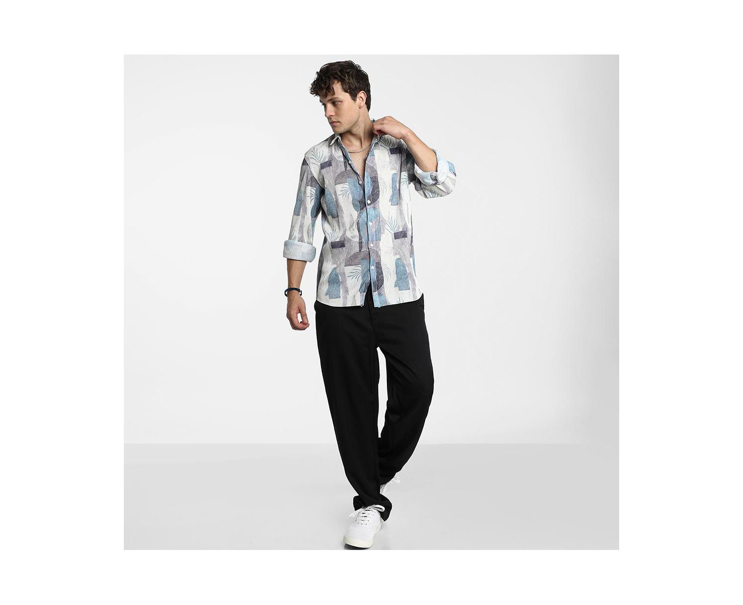 Men's Icy Blue & Ivory White Twig-Block Shirt