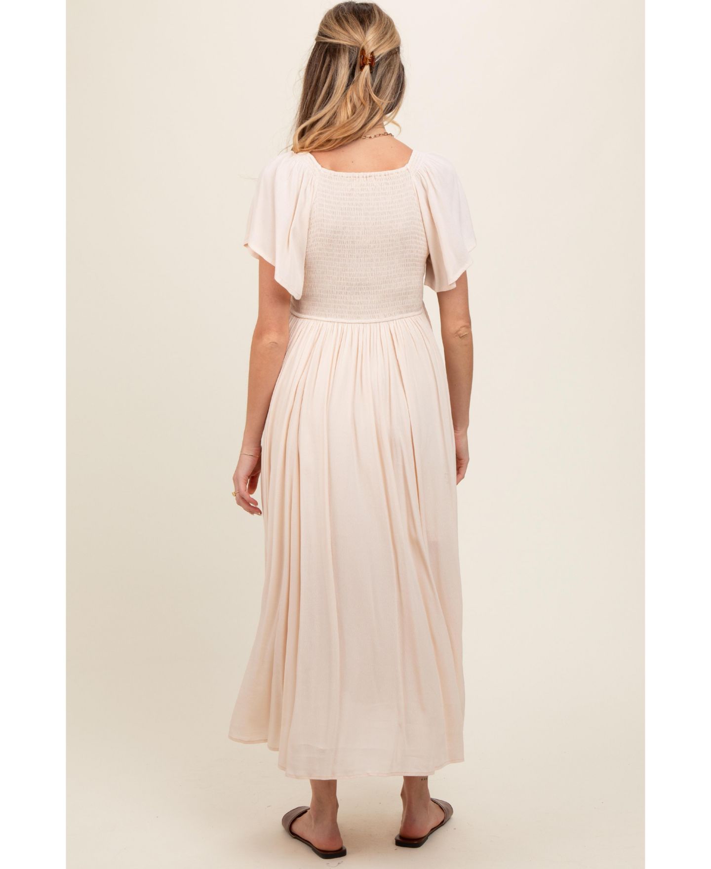 Женское платье Pinkblush Cream V-Neck Flutter Short Sleeve Midi, цвет: Кремовый — фото 4