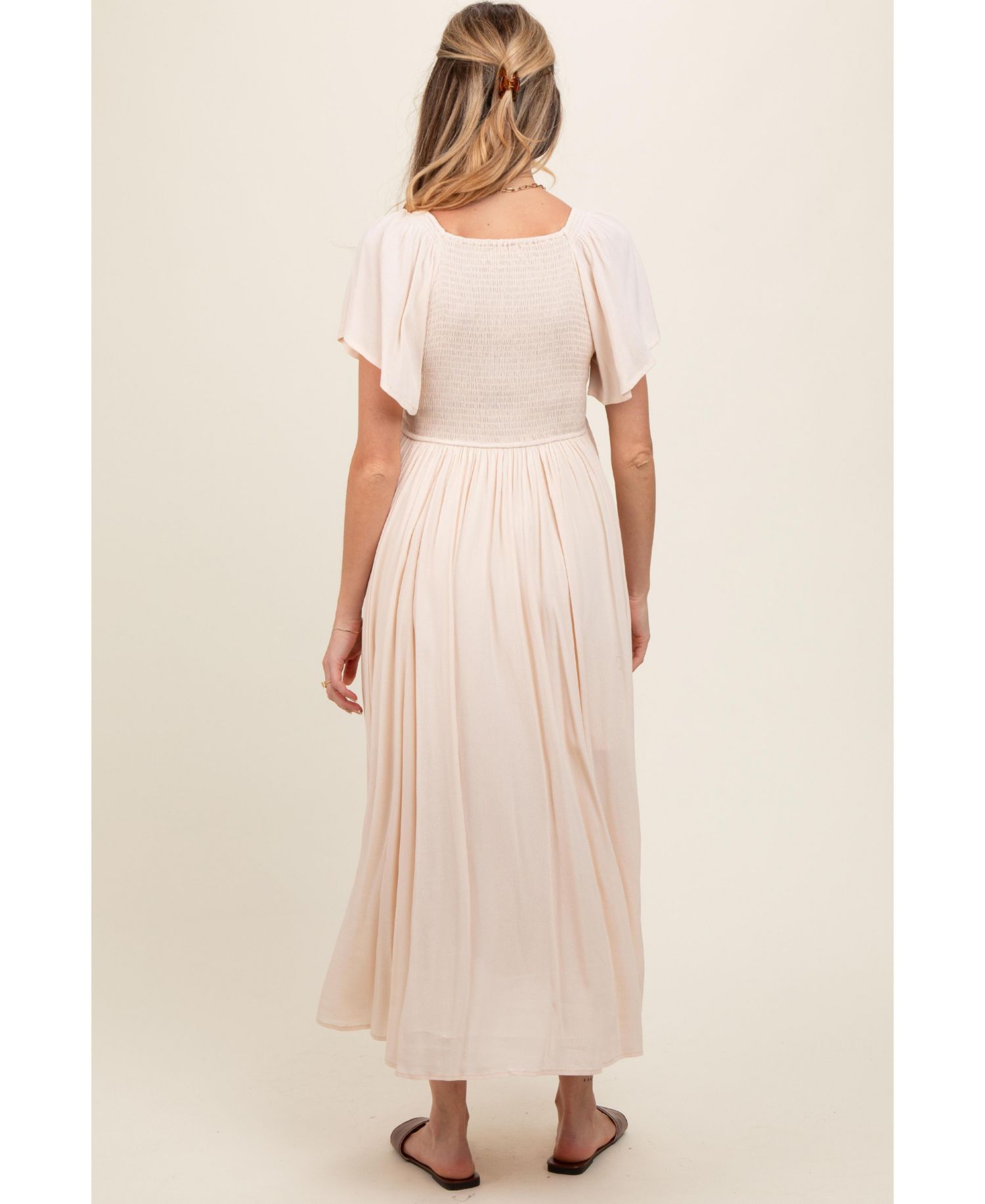 Women's Cream V-Neck Flutter Short Sleeve Midi Dress