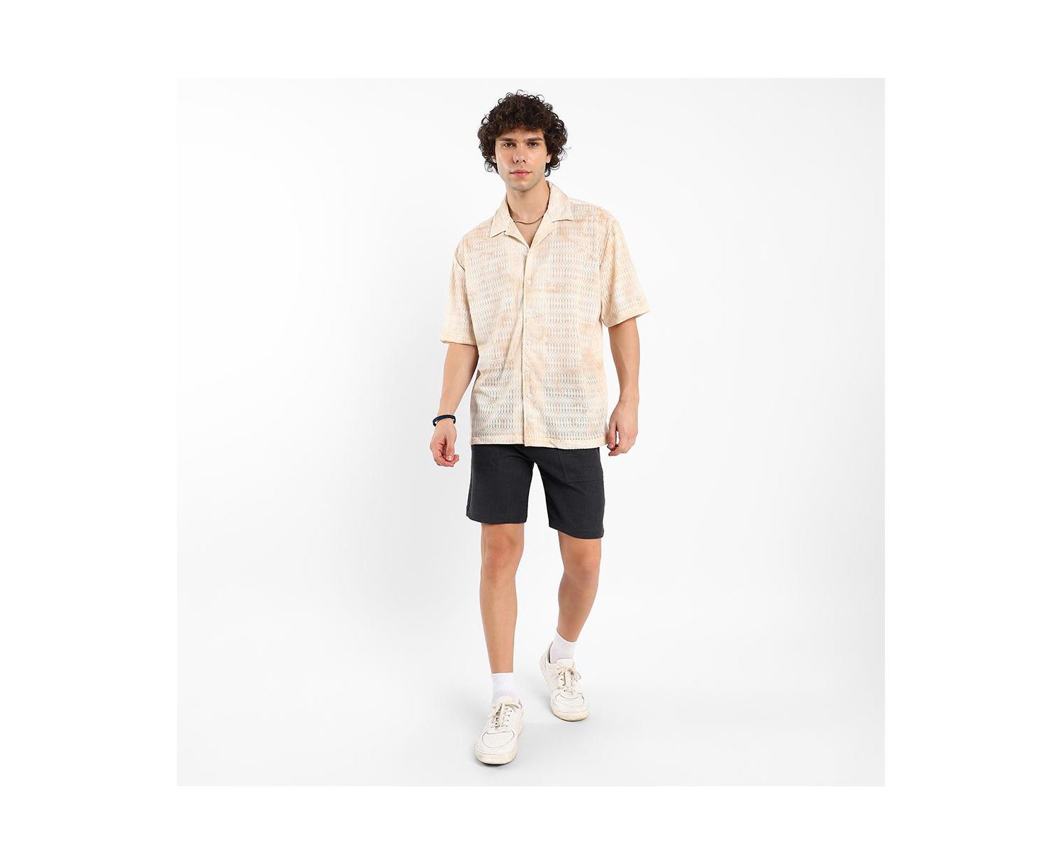 Men's Tan Brown & Ivory White Faded Woven Oversized Shirt