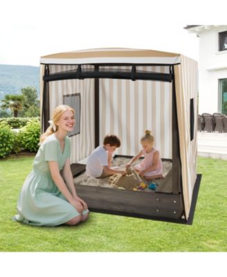 Kids Wooden Sandbox with Canopy Mesh Door Windows Bench Seats Foldable Storage Box