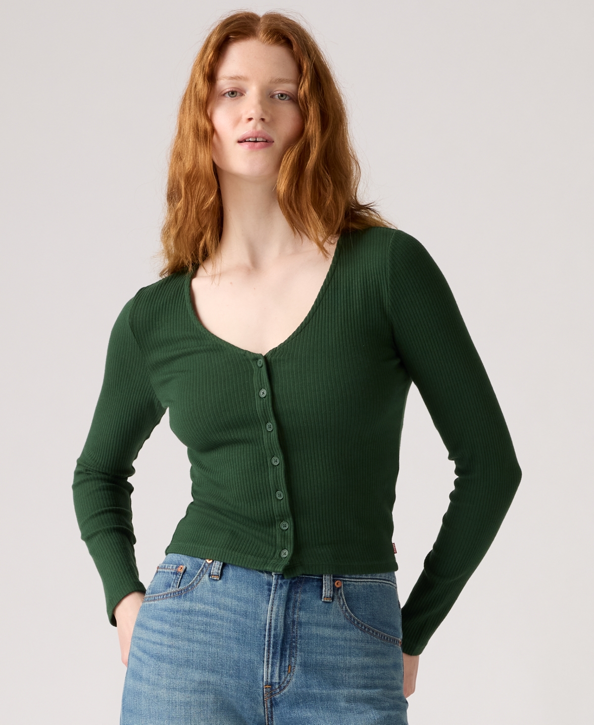 Levi's Women's Muse Ribbed Long-sleeve Button-up Top In Green