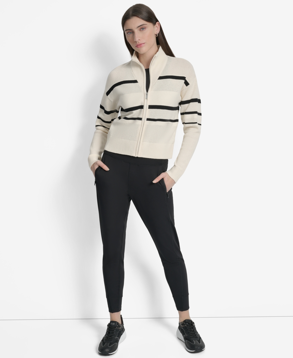 Dkny Women's Open Stitch Full Zip Stripe Jacket In Neutral