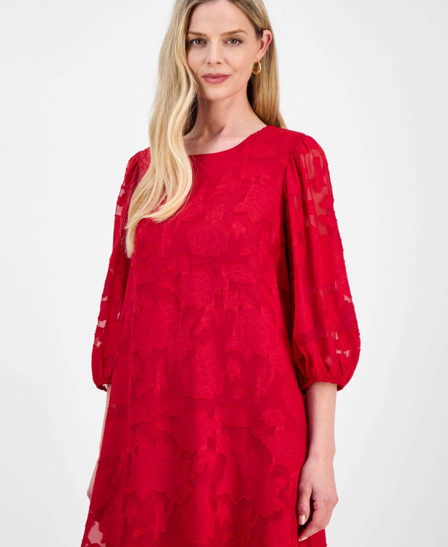 Petite Floral Burnout Blouson-Sleeve Shift Dress