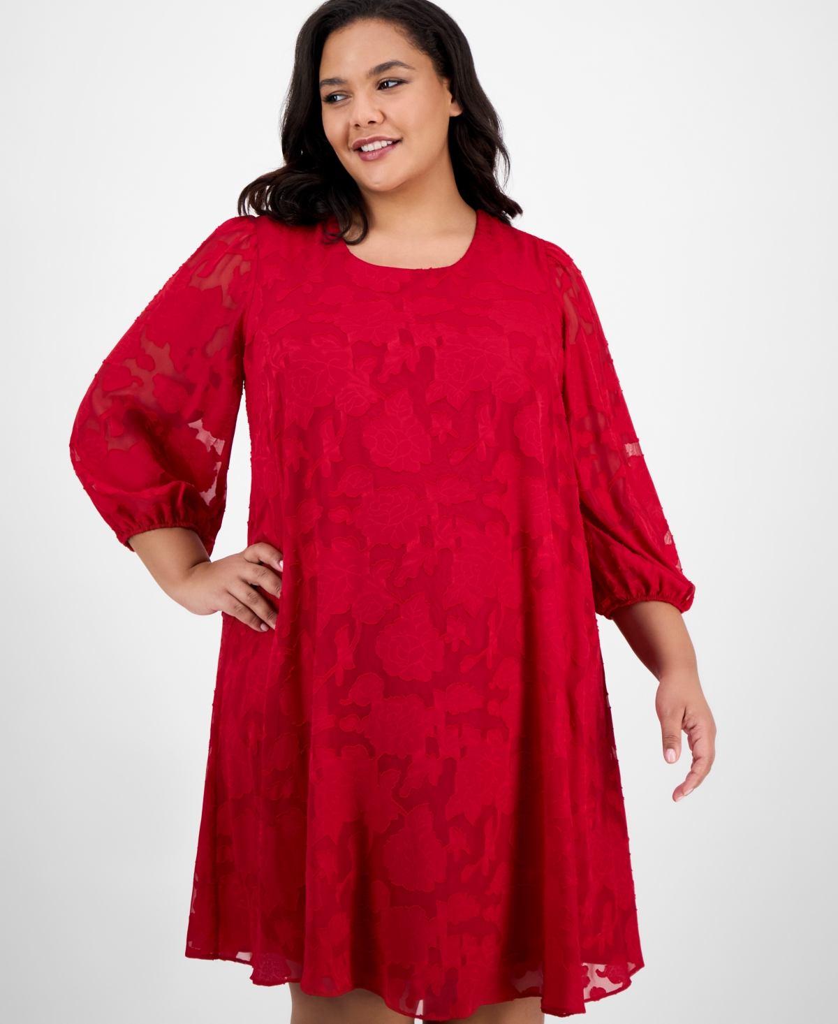 Robbie Bee Plus Size Floral Burnout Blouson-Sleeve Shift Dress