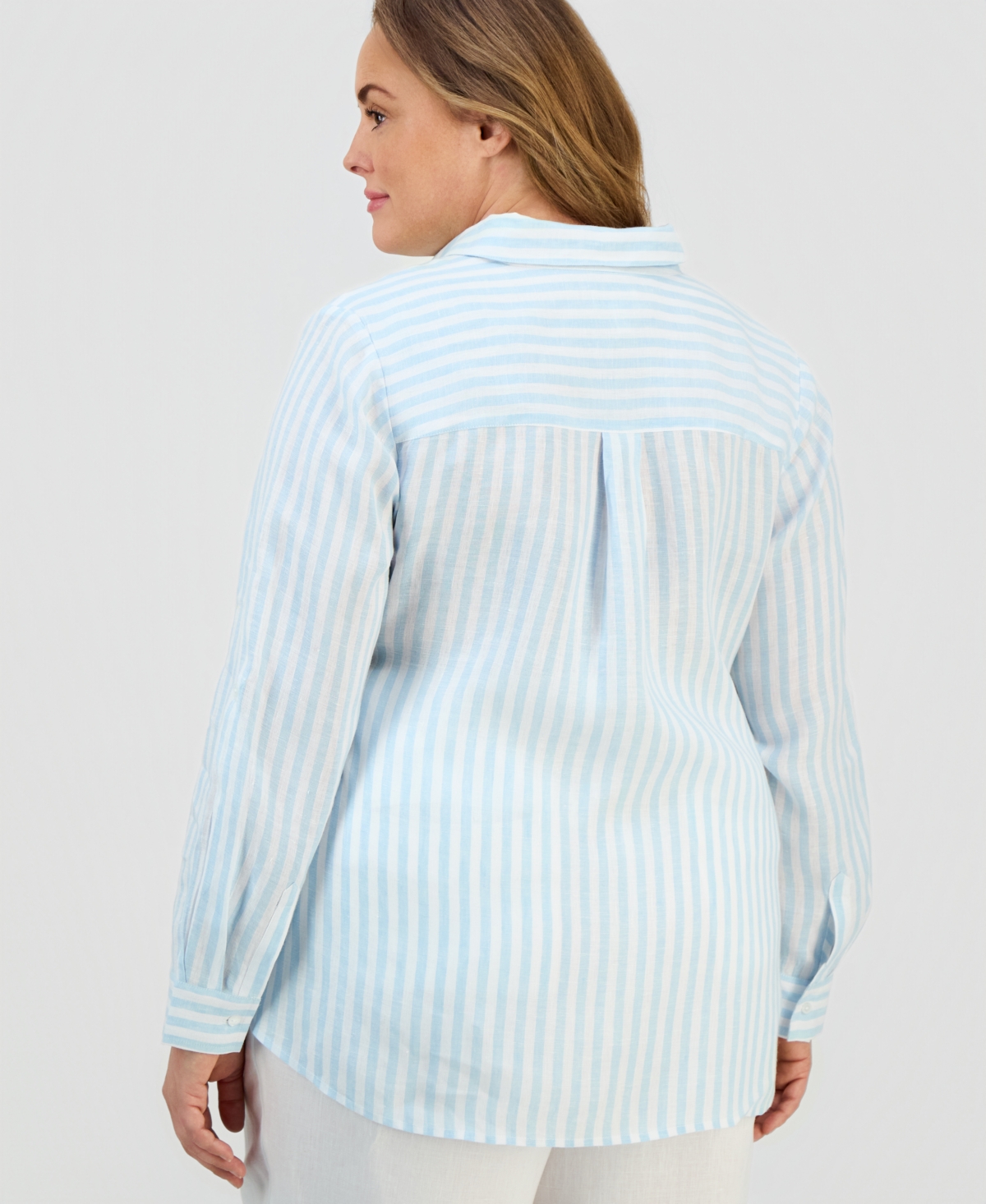 Charter Club Plus Size 100% Linen Striped Button-front Shirt, Macy's Exclusive In Blue