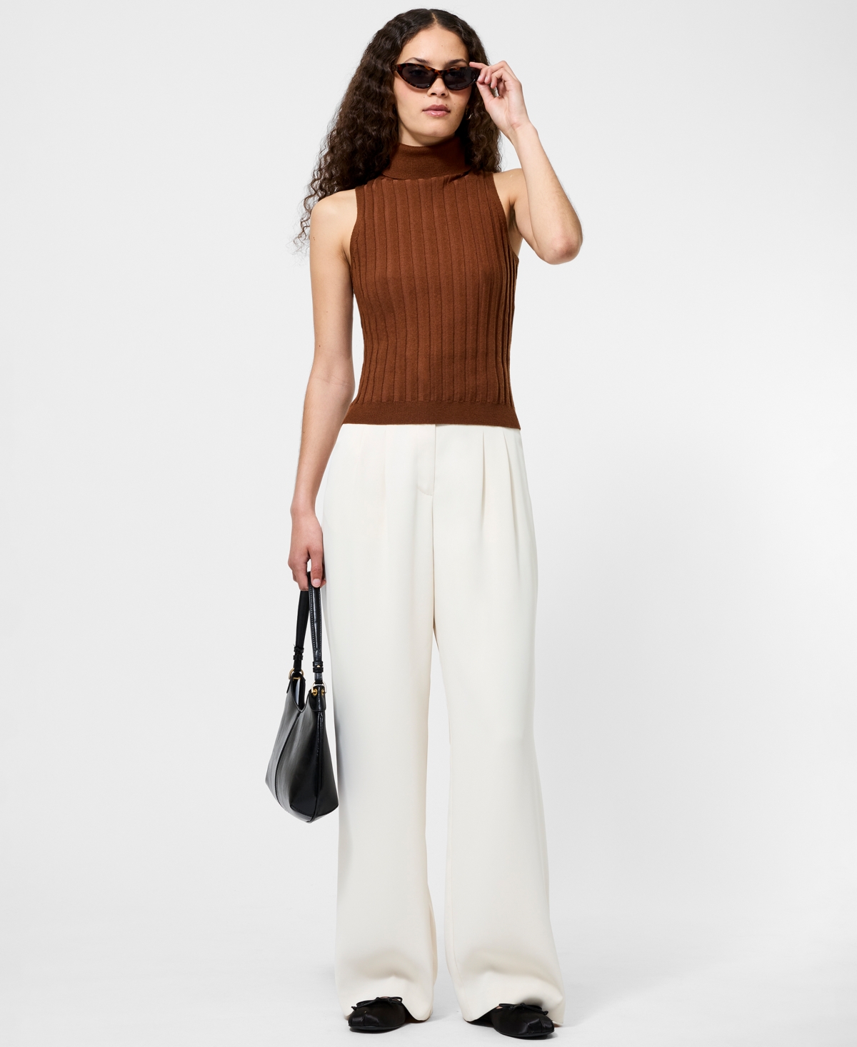 French Connection Padma Fine Knit Turtleneck Tank Top In Brown