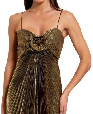 Women's Thin Strap Pleated Metallic Gown With 3D Flower