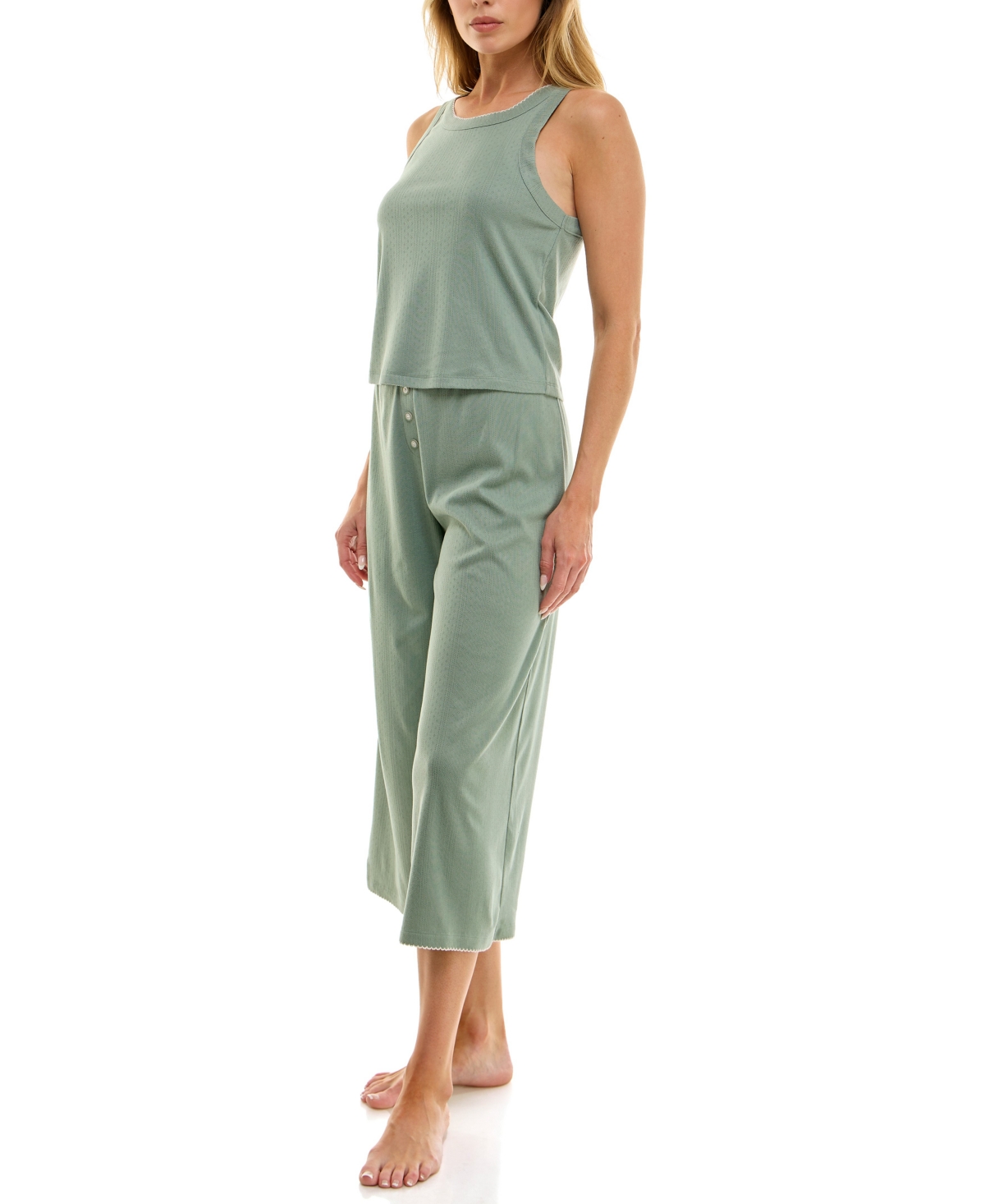 Roudelain Women's 2-piece Contrast Binding Sleeveless T-shirt And Pajama Set In Green