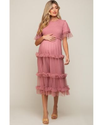 Pink Polka Dot Tulle Smocked Maternity Midi Dress