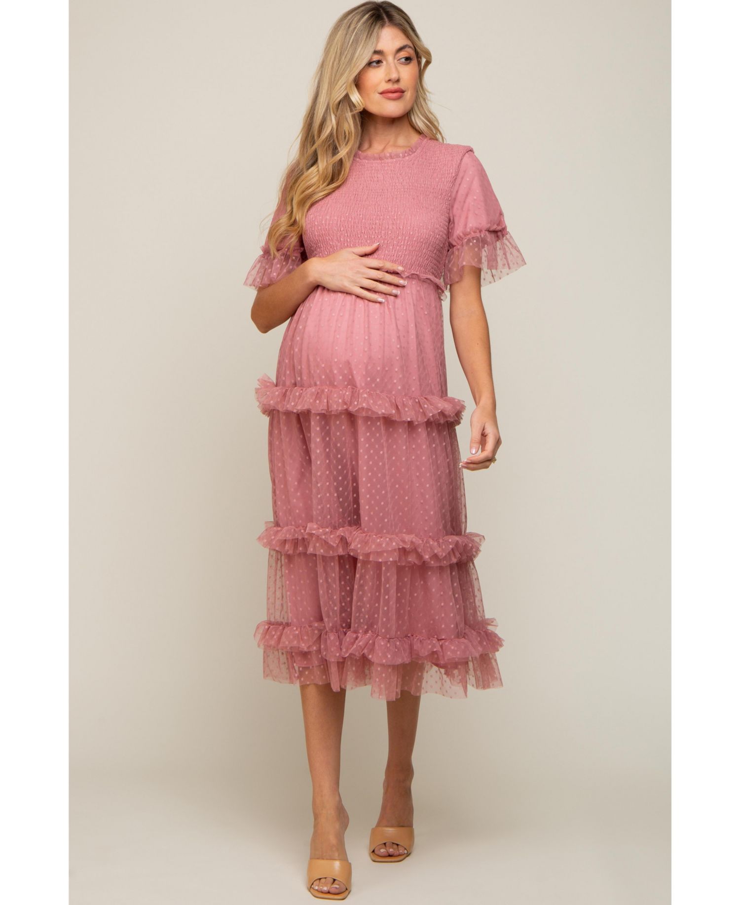 Women's Pink Polka Dot Tulle Smocked Midi Dress