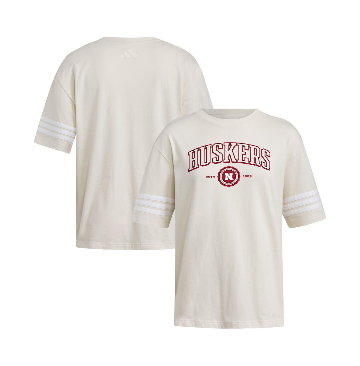 Женская футболка adidas Cream Nebraska Huskers Fashion Three-Stripes Oversized — фото 1