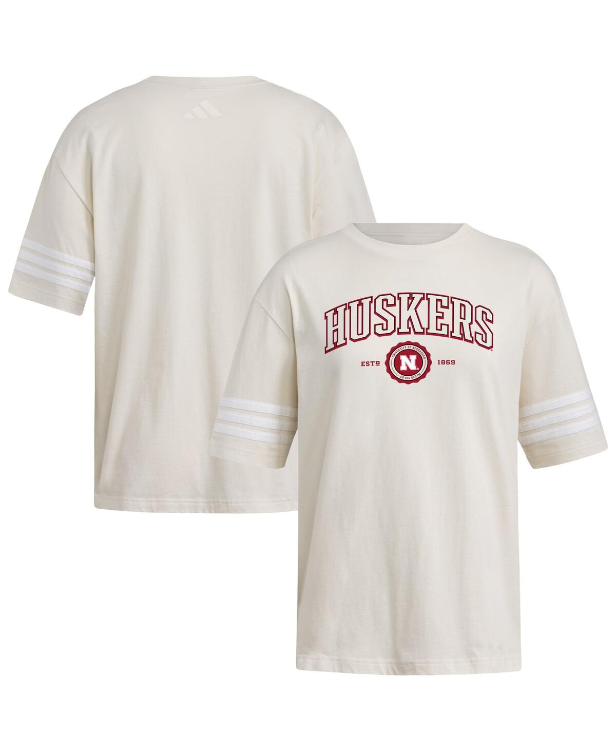 Adidas Women's Cream Nebraska Huskers Fashion Three-Stripes Oversized T-Shirt