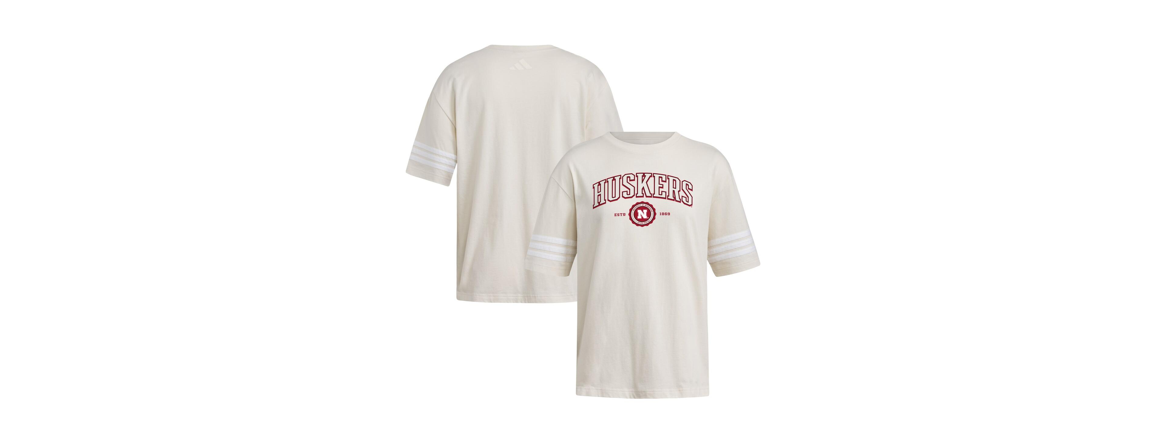 Adidas Women's Cream Nebraska Huskers Fashion Three-Stripes Oversized T-Shirt
