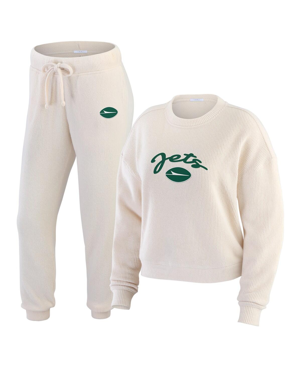 Wear by Erin Andrews Women's Oatmeal New York Jets Rib-Knit Long Sleeve T-Shirt Pants Lounge Set