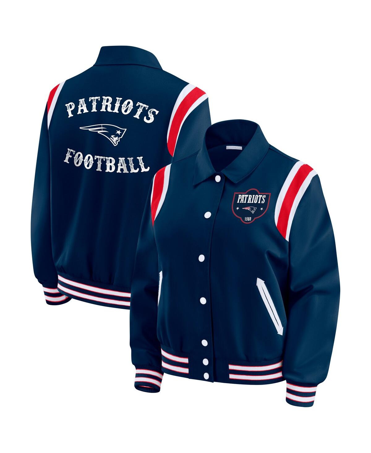 Wear By Erin Andrews Women's Navy New England Patriots Varsity Lightweight Full-snap Jacket In Animal Print