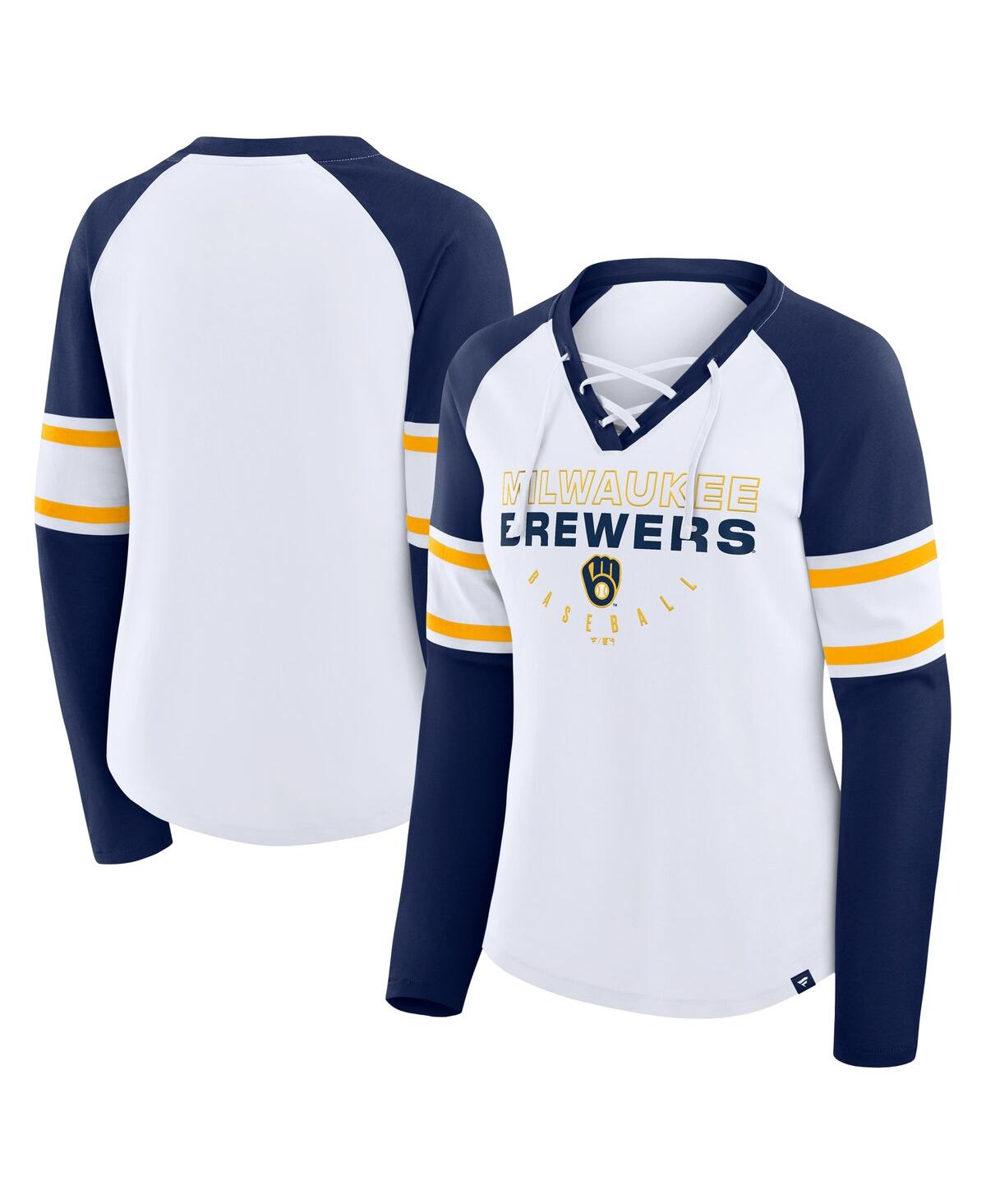 Fanatics Women's White/Navy Milwaukee Brewers Blitz Package Raglan Lace-Up V-Neck Long Sleeve T-Shirt