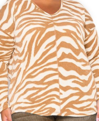 Plus Size Textured Zebra V Neck Dolman Top